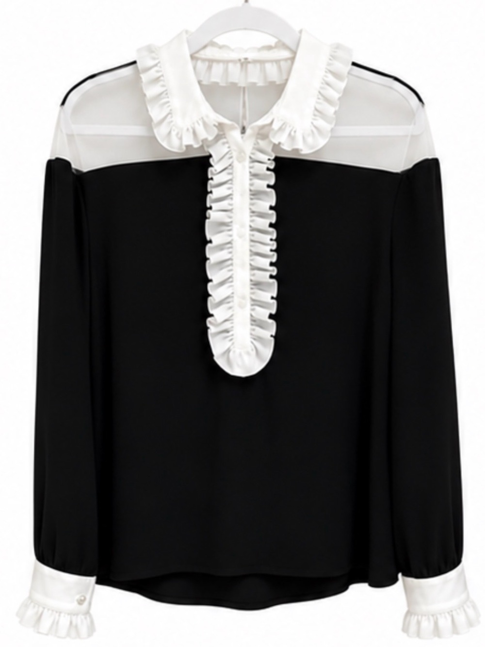 Anne Fontaine Paris Black/white illusion mesh ruffle tuxedo blouse size 44 (L)